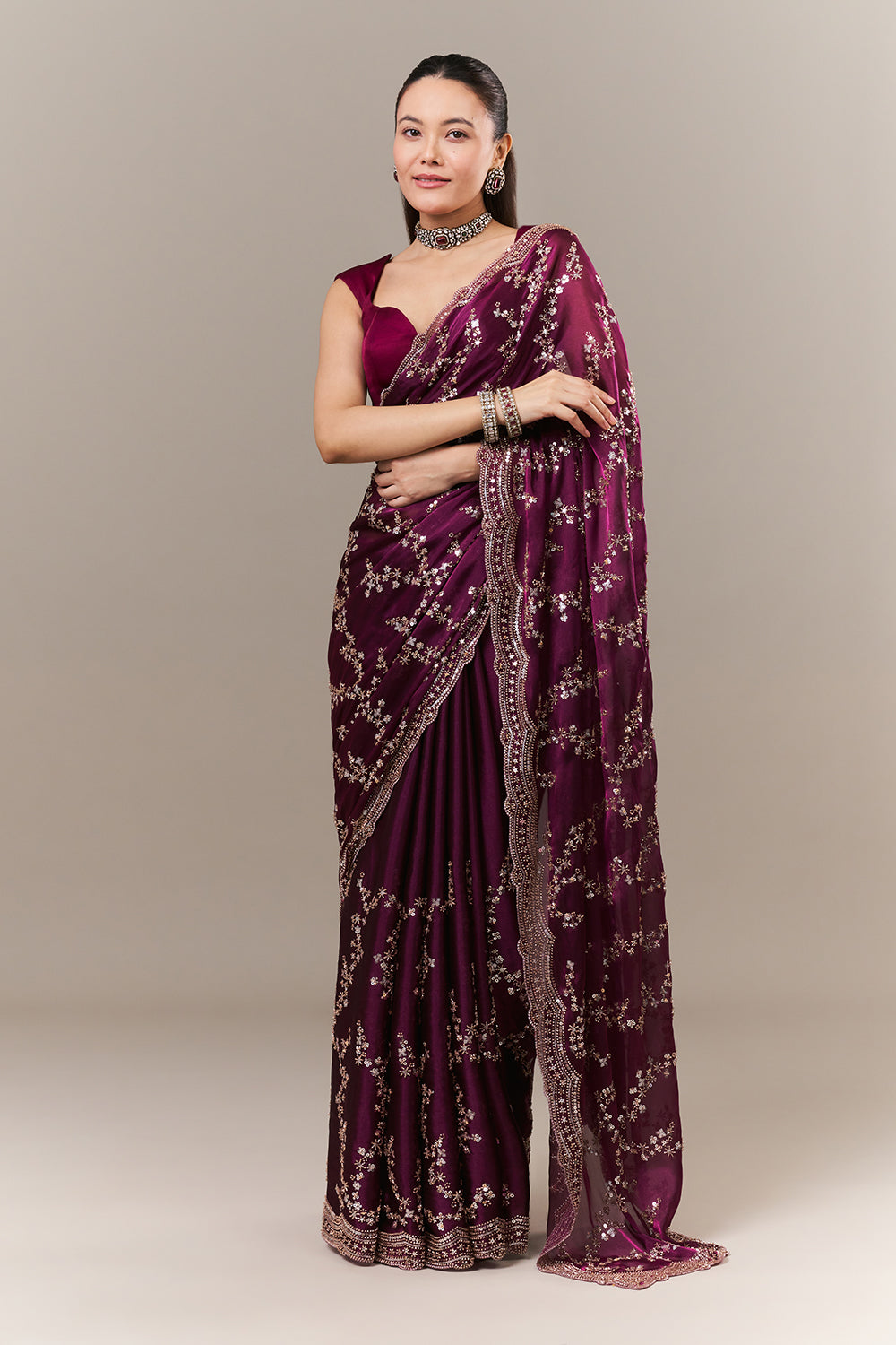 Wine Organza Embroidered Saree with Zari Work