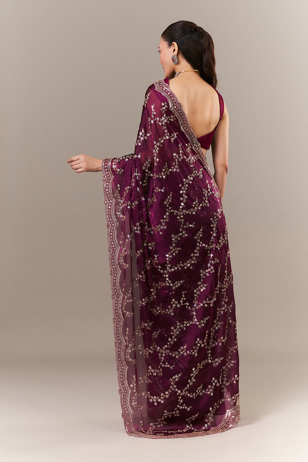 Wine Organza Embroidered Saree with Zari Work
