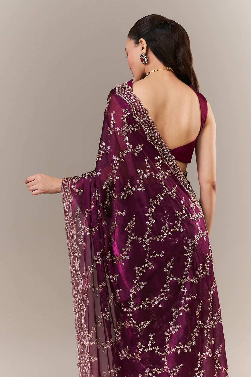 Wine Organza Embroidered Saree with Zari Work