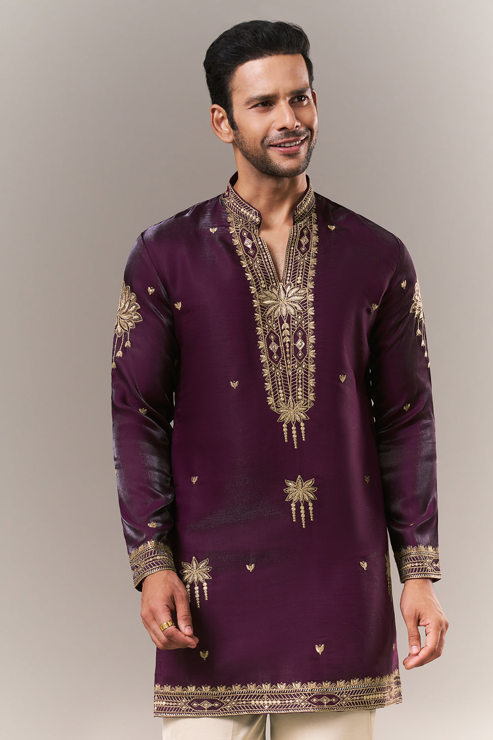 Wine Satin Mens Kurta Set with Dori Work