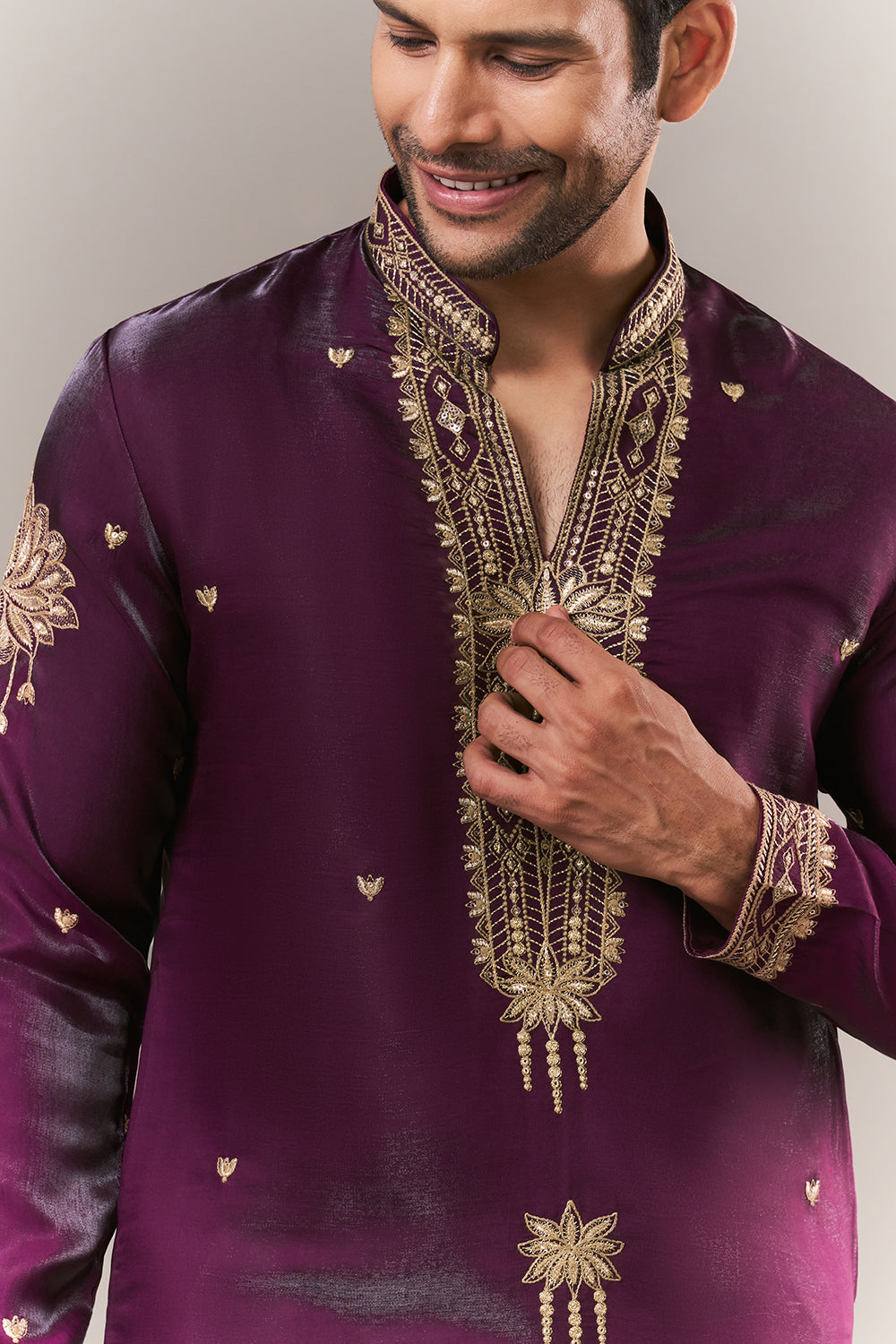 Wine Satin Mens Kurta Set with Dori Work