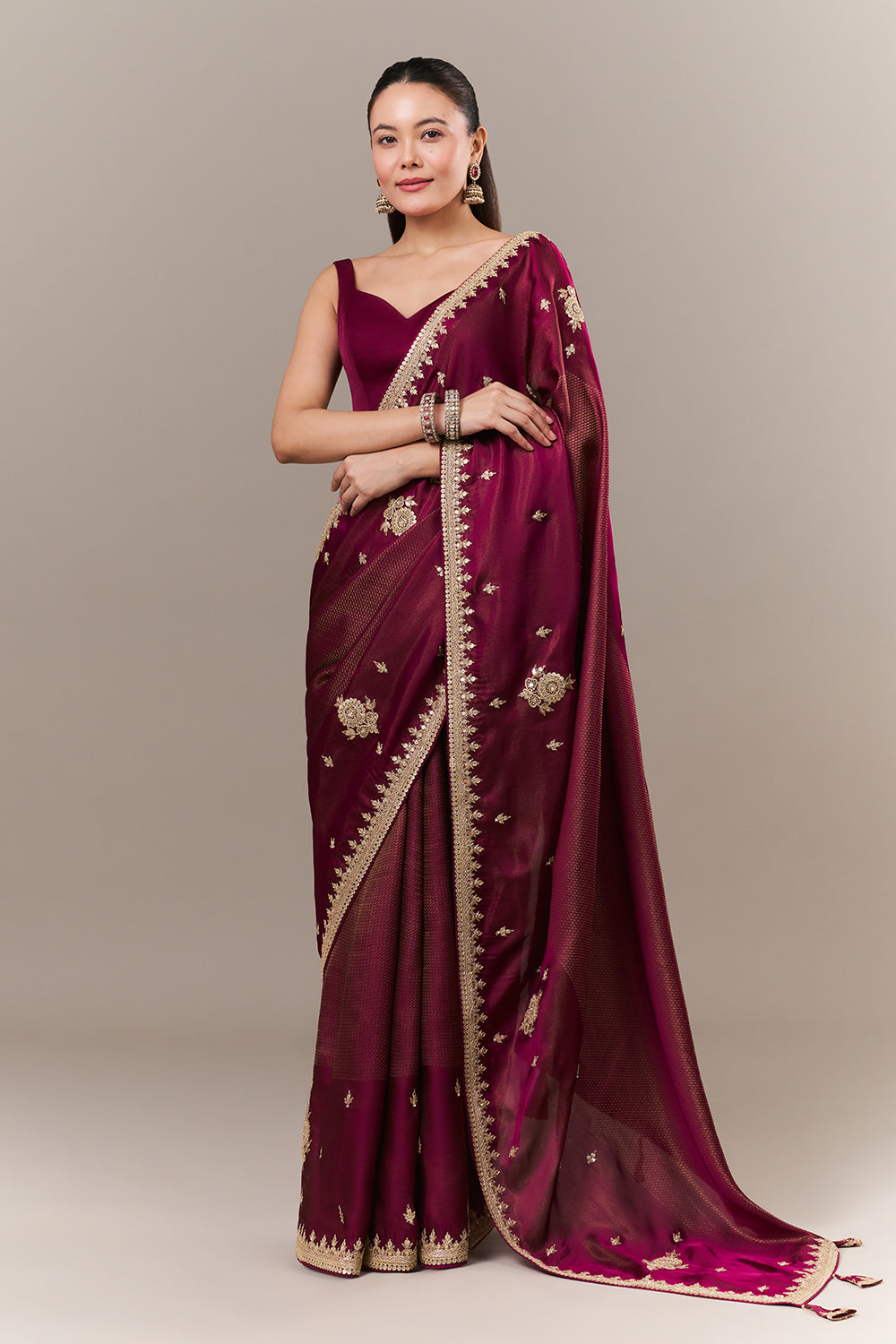 Wine Tissue Silk Jacquard Saree with Zari and Sequin Work