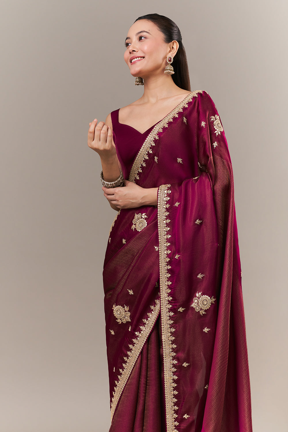 Wine Tissue Silk Jacquard Saree with Zari and Sequin Work