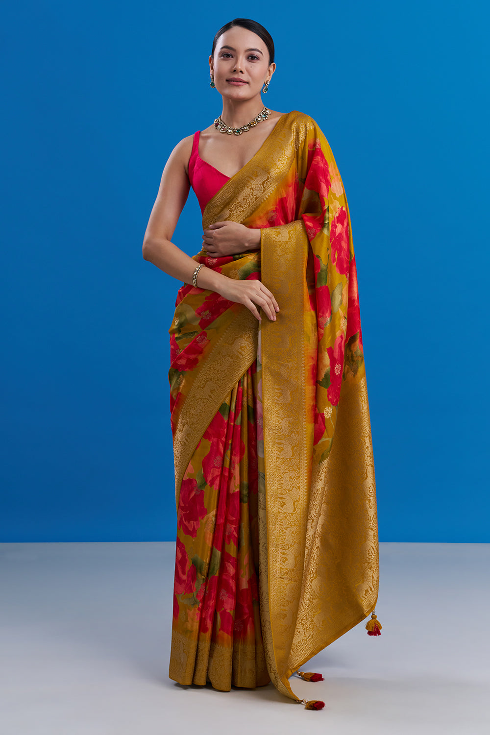 Yellow and Pink Satin Organza Saree with Floral Motifs And Unstitched Blouse