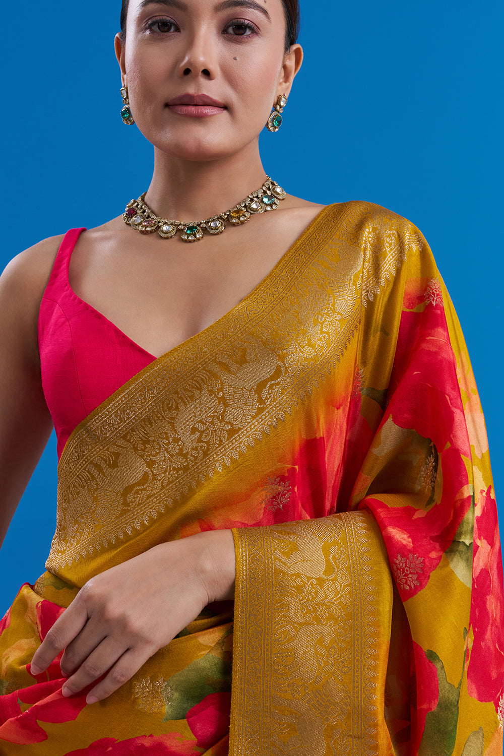 Yellow and Pink Satin Organza Saree with Floral Motifs And Unstitched Blouse