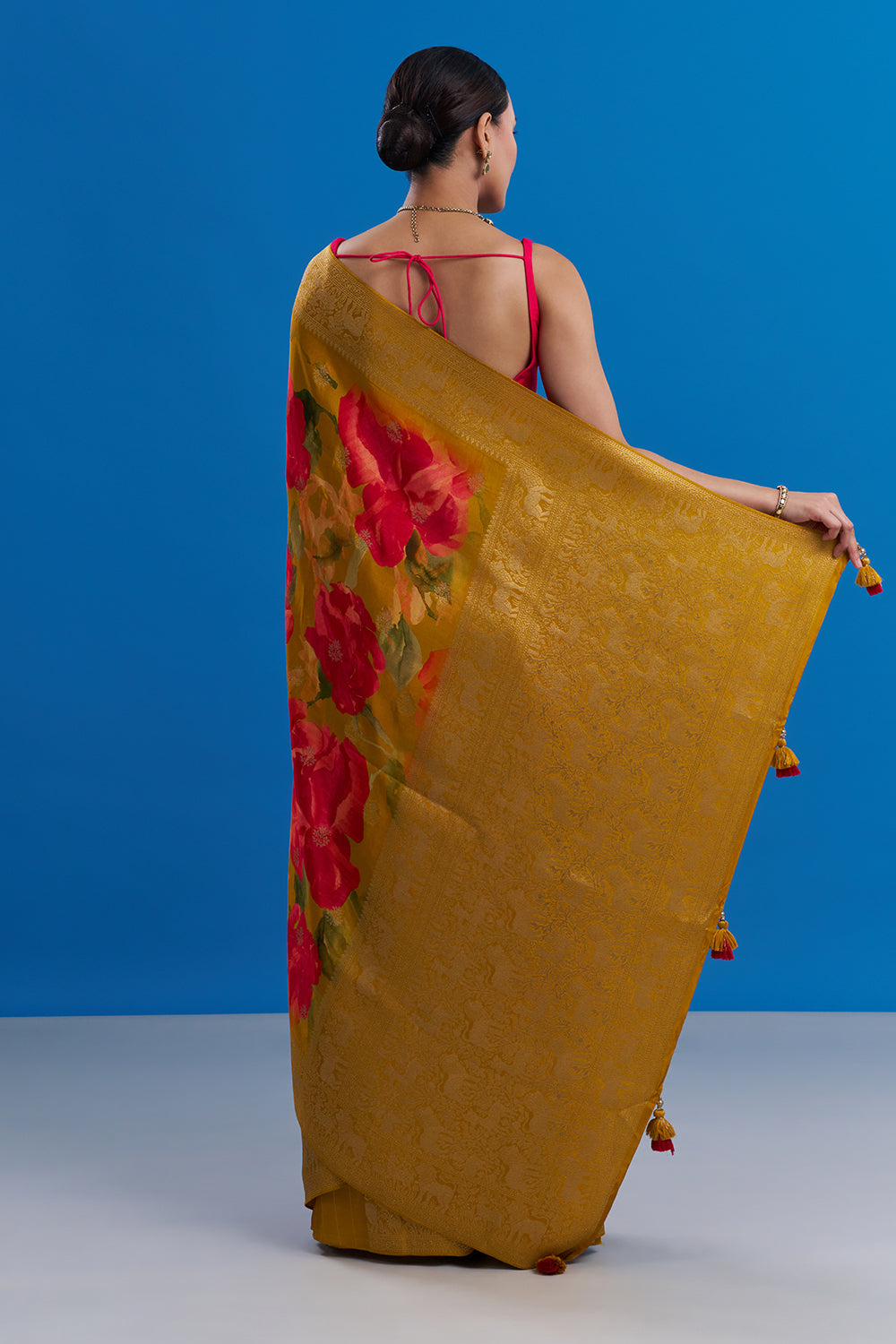 Yellow and Pink Satin Organza Saree with Floral Motifs And Unstitched Blouse