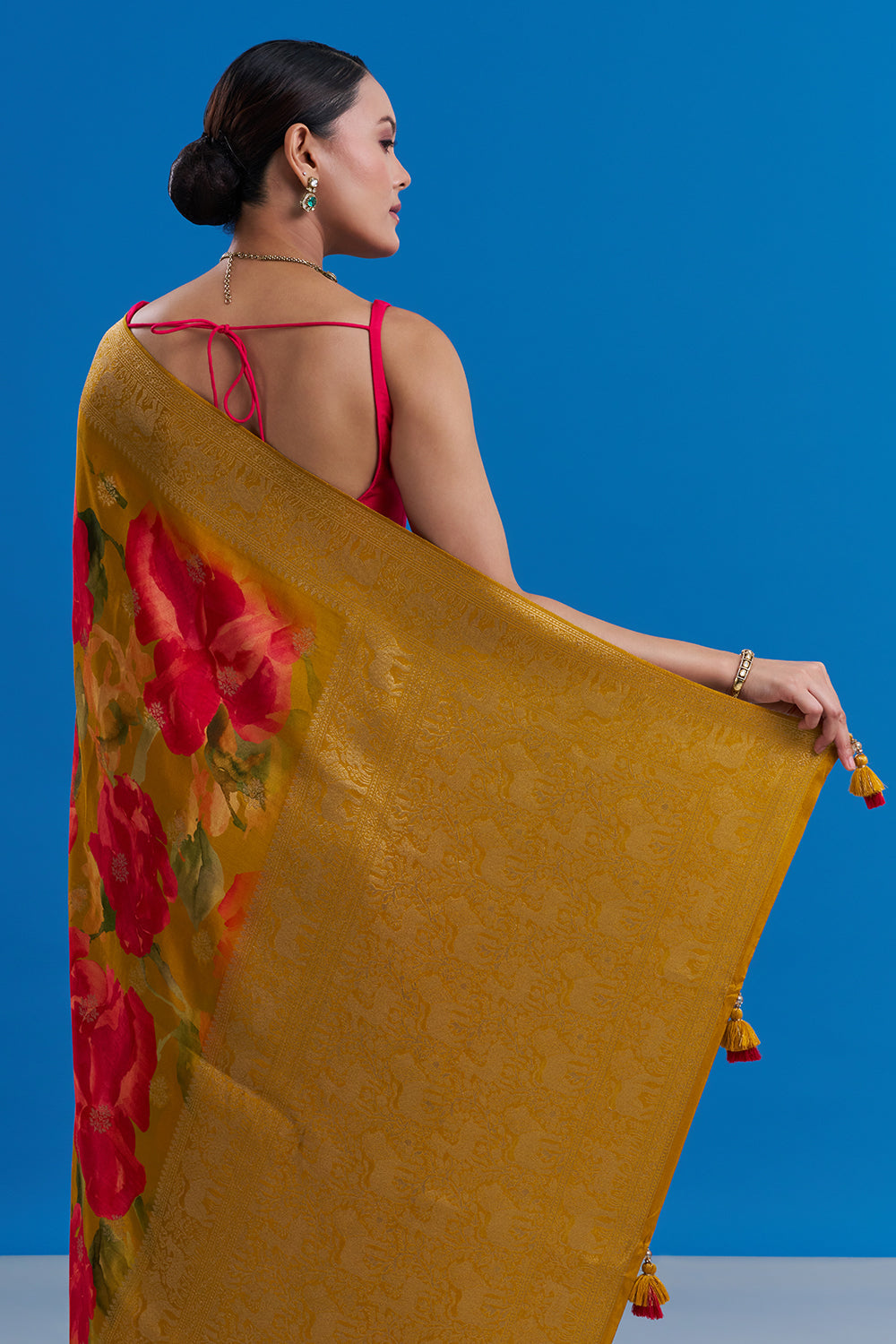 Yellow and Pink Satin Organza Saree with Floral Motifs And Unstitched Blouse