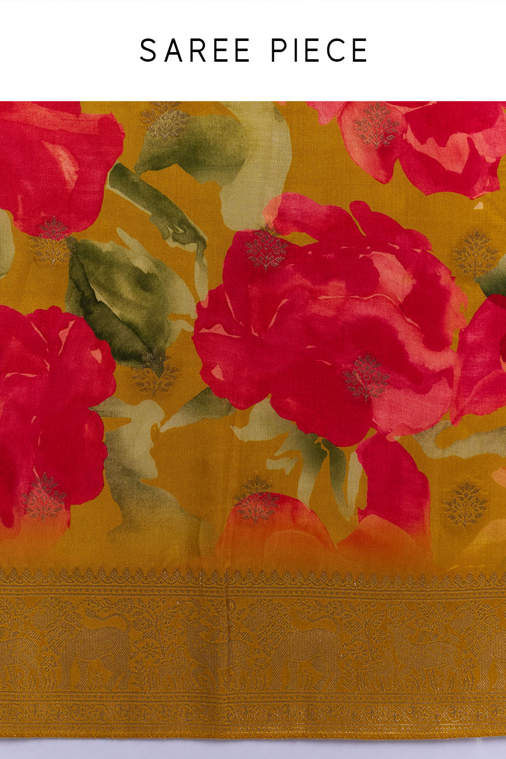Yellow and Pink Satin Organza Saree with Floral Motifs And Unstitched Blouse