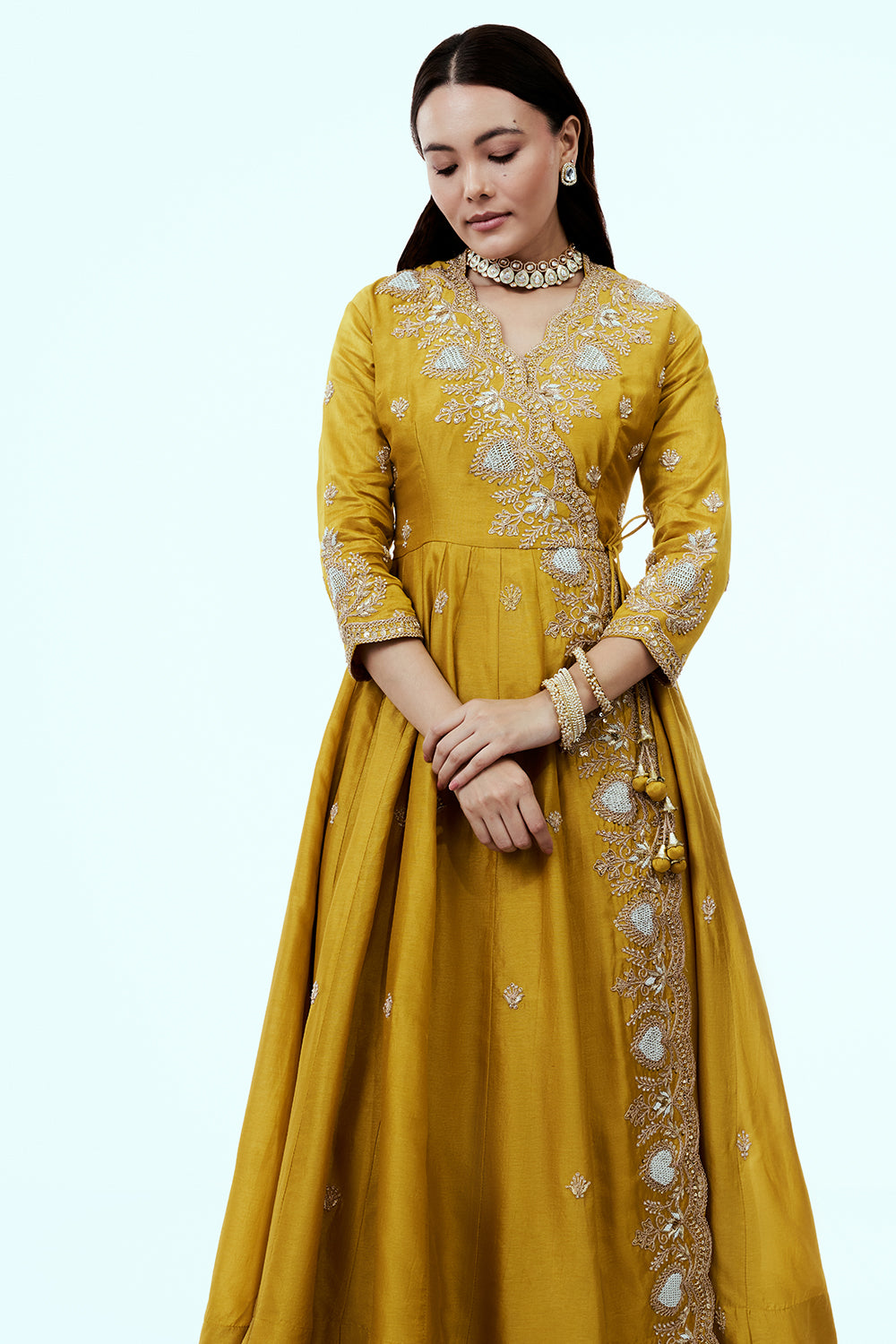 Yellow Art Silk Angrakha Suit Set with Zardosi Work