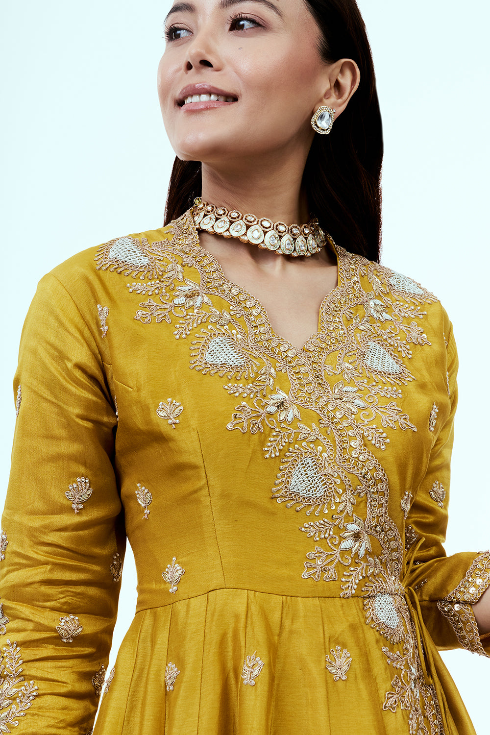 Yellow Art Silk Angrakha Suit Set with Zardosi Work