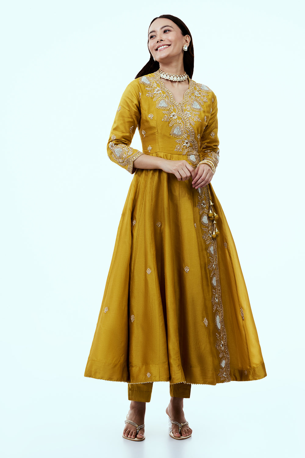 Yellow Art Silk Angrakha Suit Set with Zardosi Work