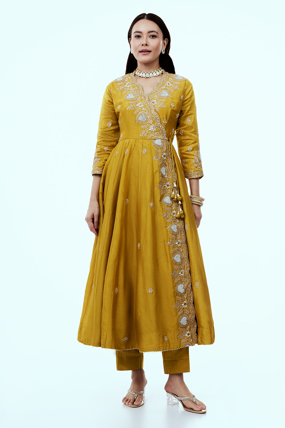 Yellow Art Silk Angrakha Suit Set with Zardosi Work