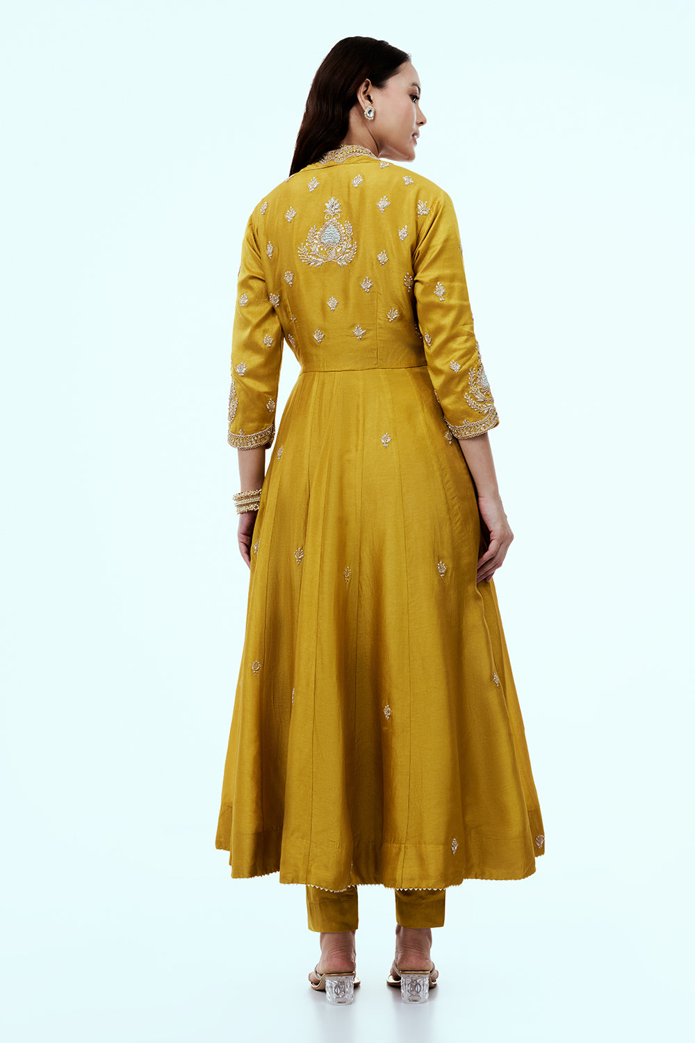 Yellow Art Silk Angrakha Suit Set with Zardosi Work