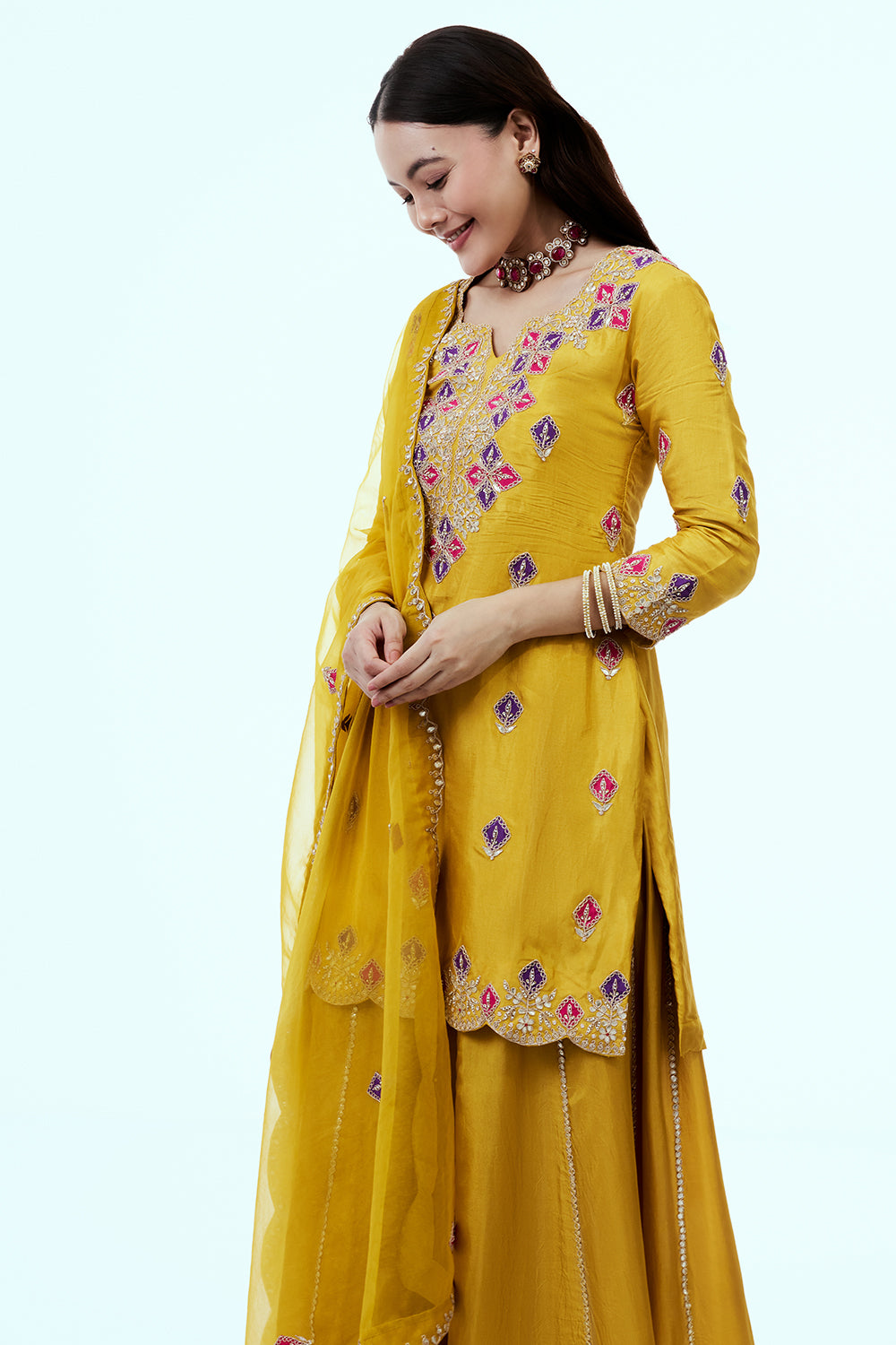 Yellow Art Silk Suit Set with Zardosi Work