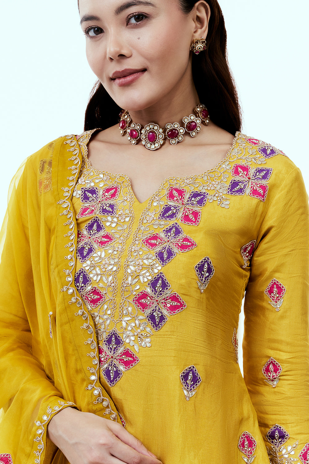 Yellow Art Silk Suit Set with Zardosi Work