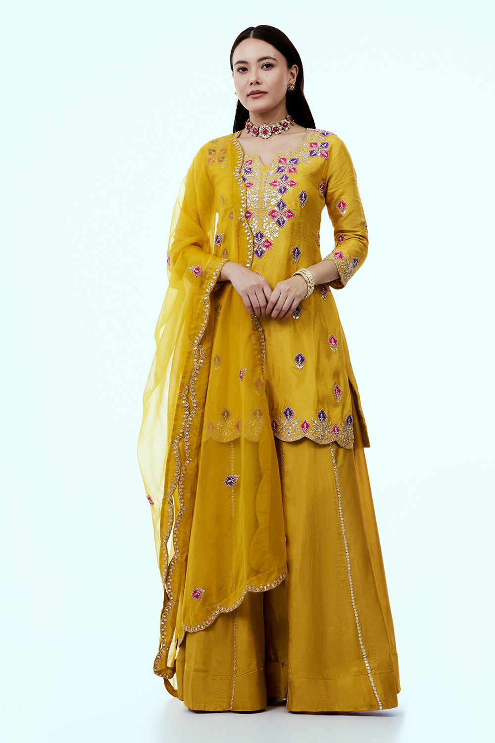 Yellow Art Silk Suit Set with Zardosi Work