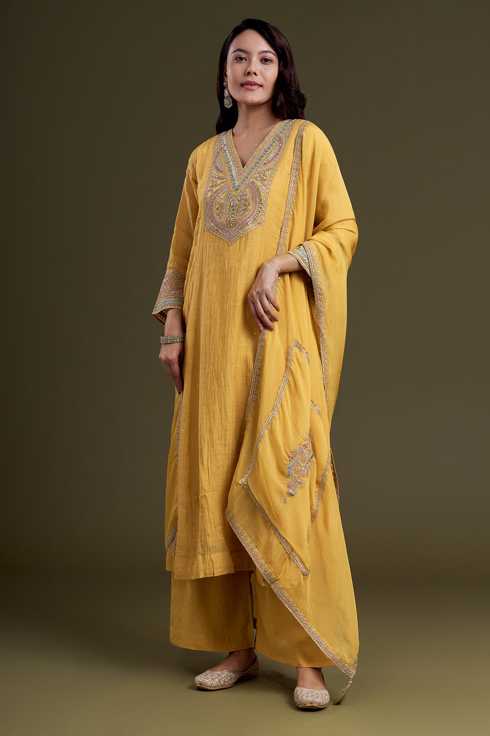 Mustard Chanderi Silk Kurta Set with Zardosi Embroidery