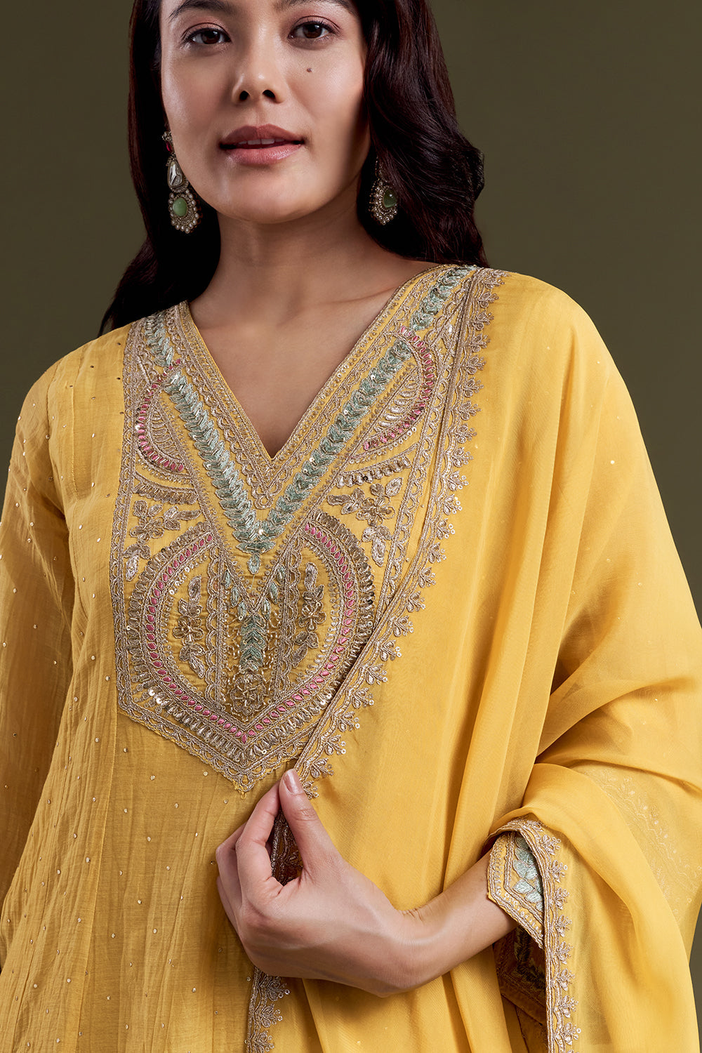 Mustard Chanderi Silk Kurta Set with Zardosi Embroidery