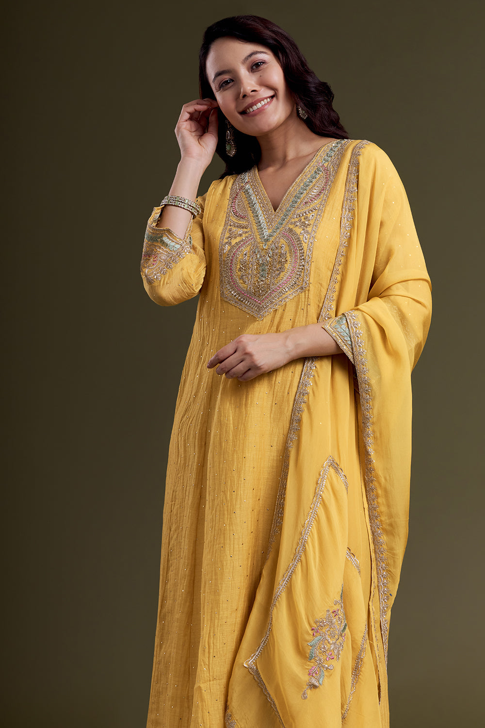 Mustard Chanderi Silk Kurta Set with Zardosi Embroidery
