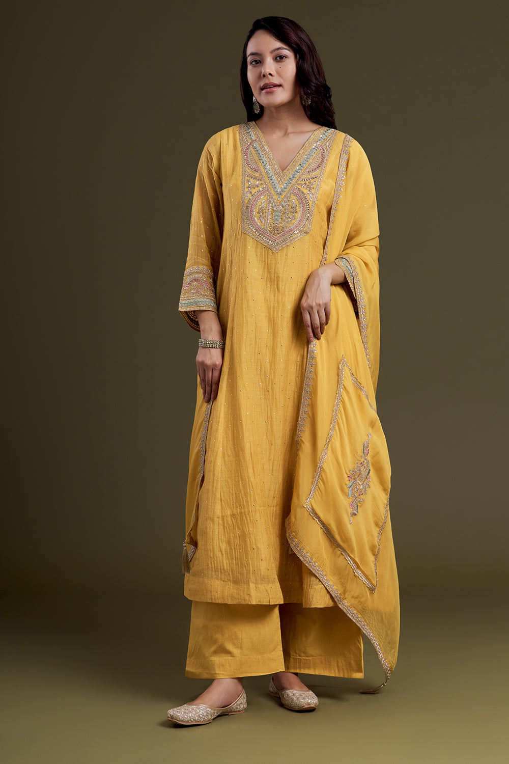 Mustard Chanderi Silk Kurta Set with Zardosi Embroidery