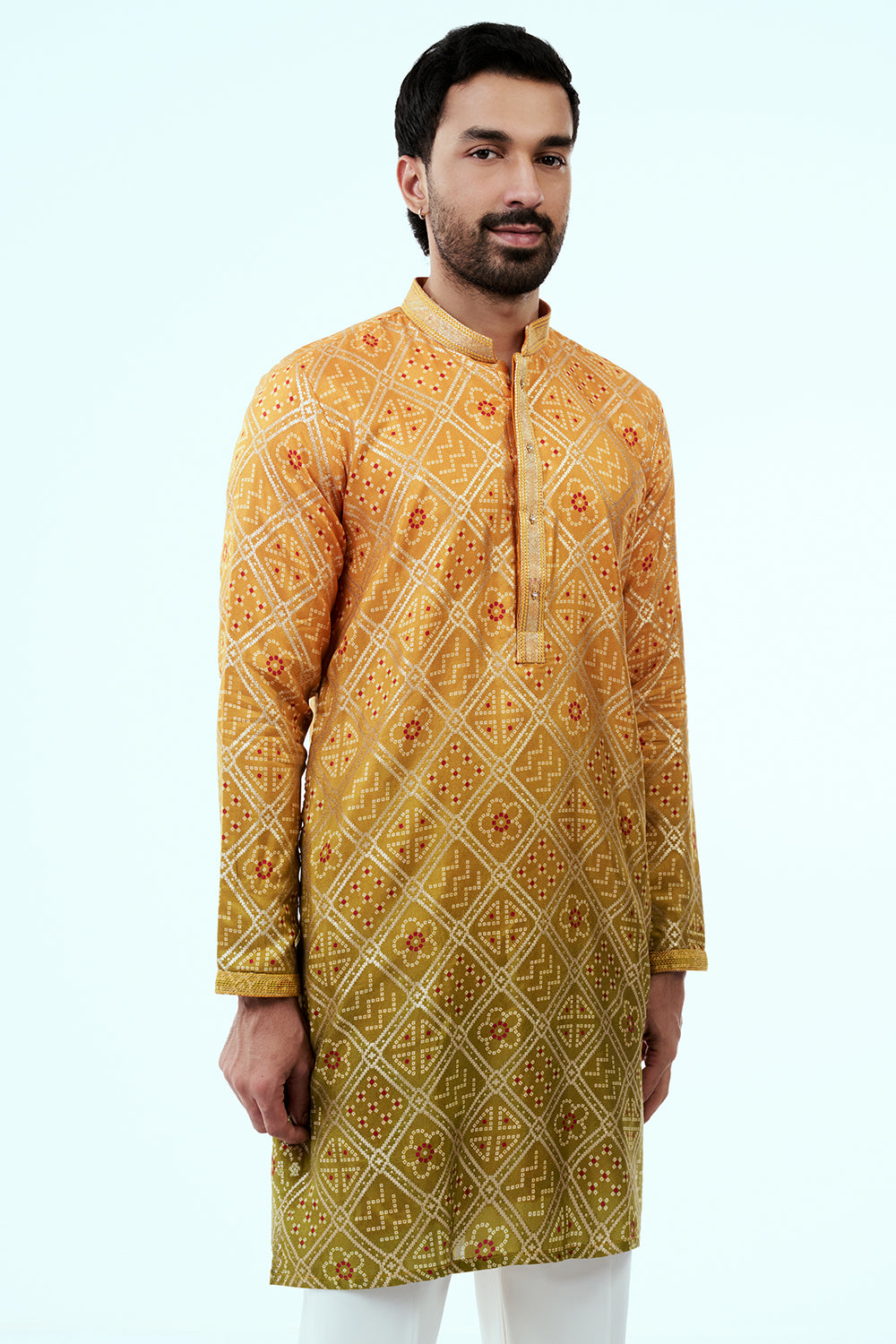 Yellow Ombre Silk Mens Kurta Set with Bandhani Print and Green Hues