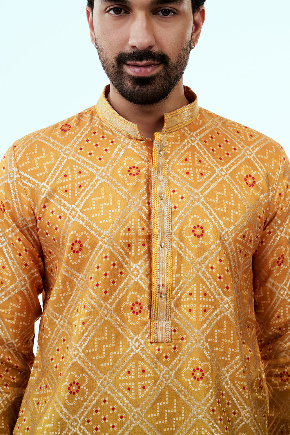 Yellow Ombre Silk Mens Kurta Set with Bandhani Print and Green Hues