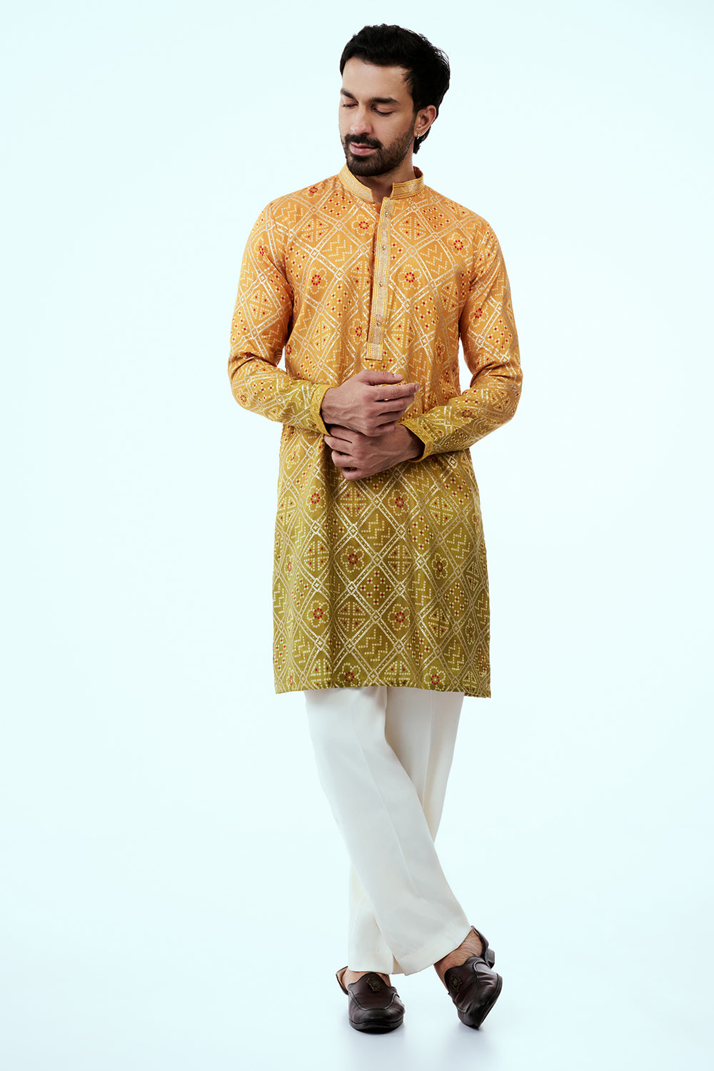 Yellow Ombre Silk Mens Kurta Set with Bandhani Print and Green Hues
