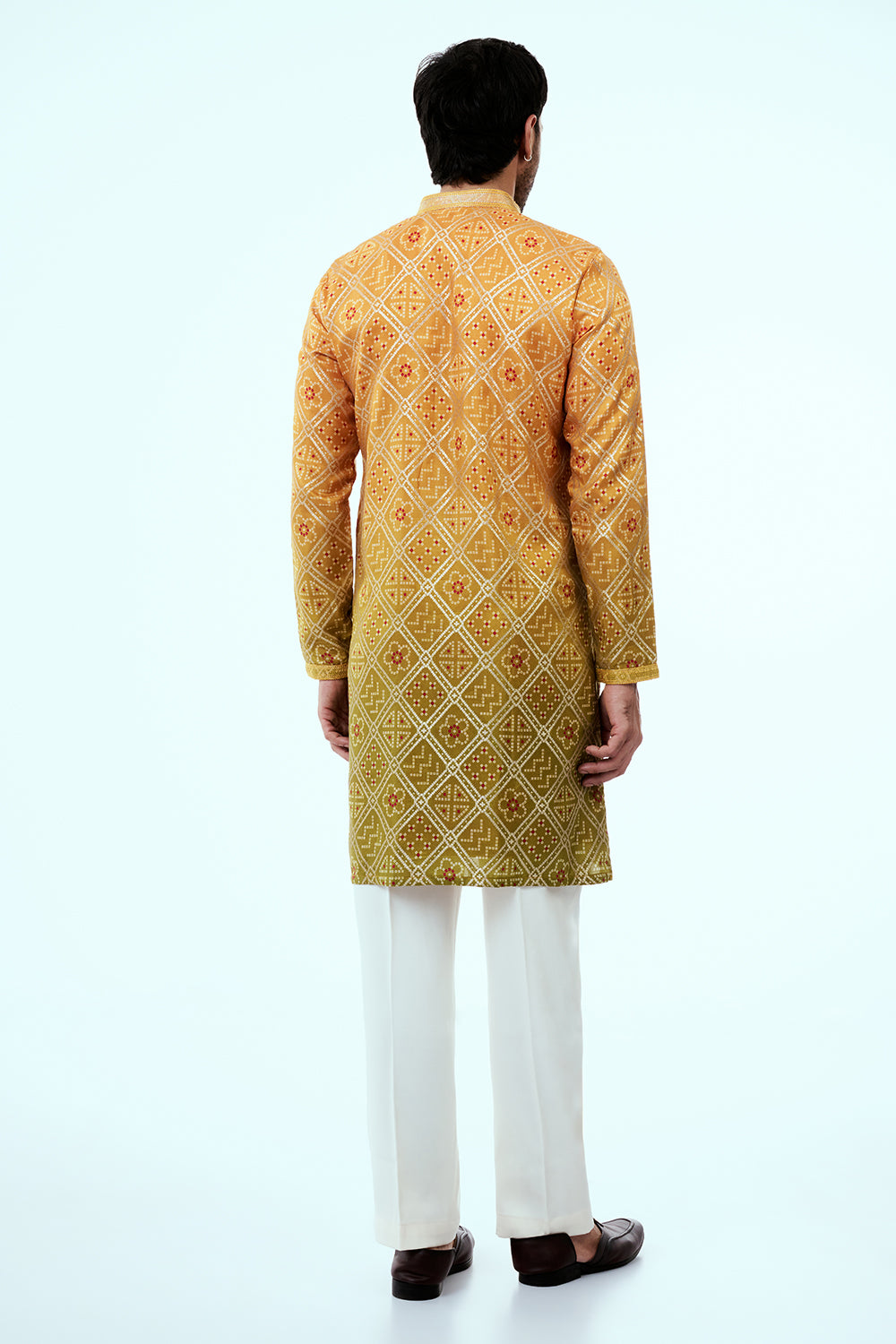 Yellow Ombre Silk Mens Kurta Set with Bandhani Print and Green Hues