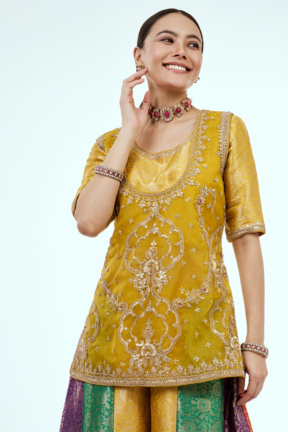 Yellow Organza Suit Set with Zardosi Work and Multicoloured Brocade Pants