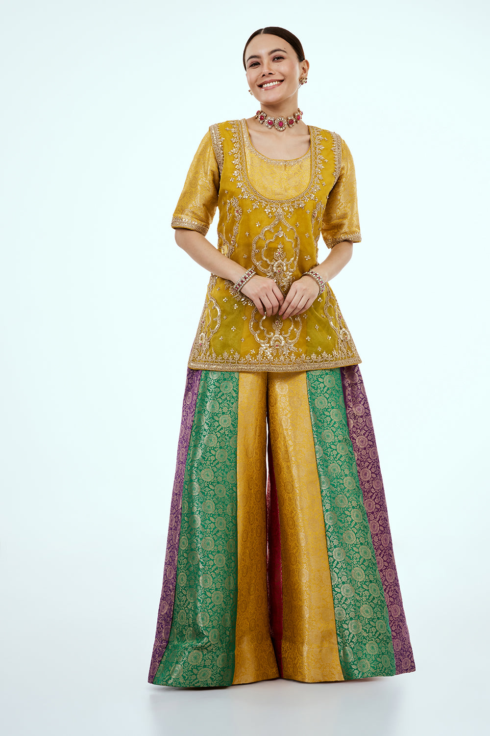 Yellow Organza Suit Set with Zardosi Work and Multicoloured Brocade Pants