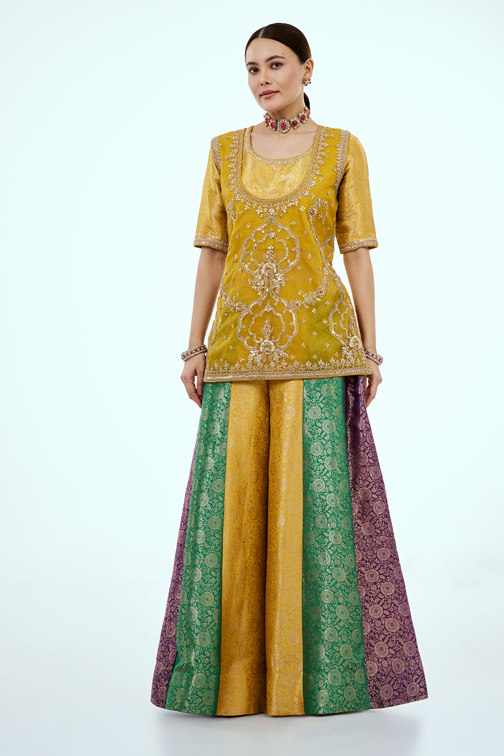 Yellow Organza Suit Set with Zardosi Work and Multicoloured Brocade Pants