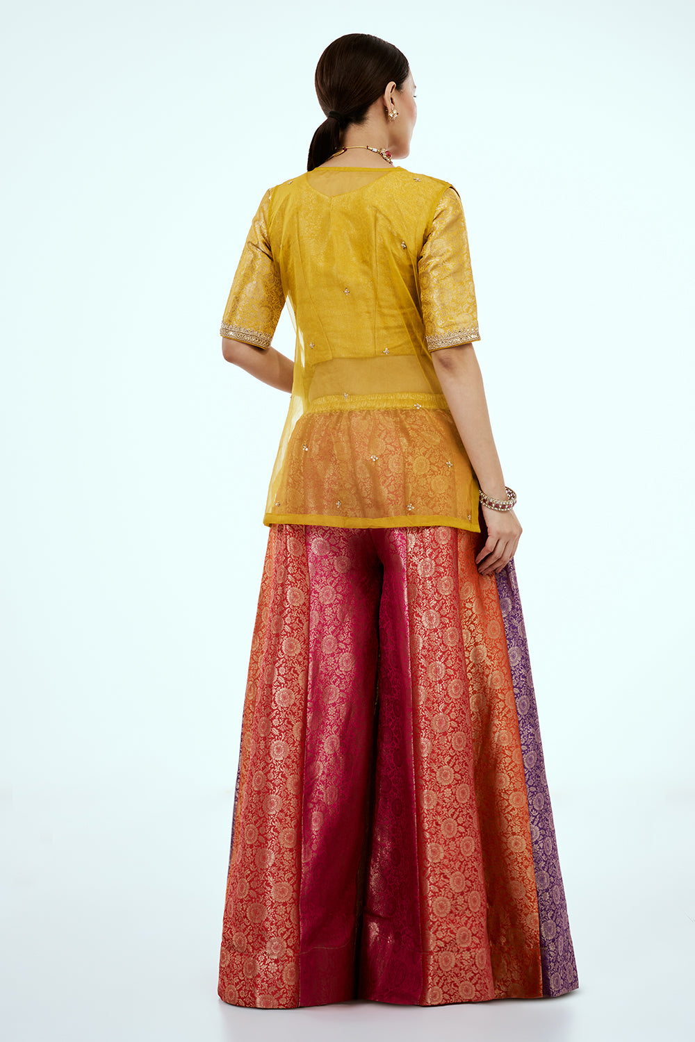 Yellow Organza Suit Set with Zardosi Work and Multicoloured Brocade Pants