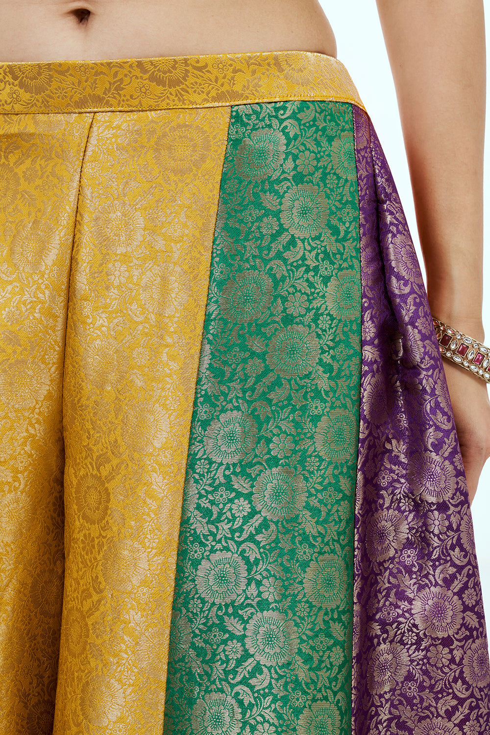 Yellow Organza Suit Set with Zardosi Work and Multicoloured Brocade Pants