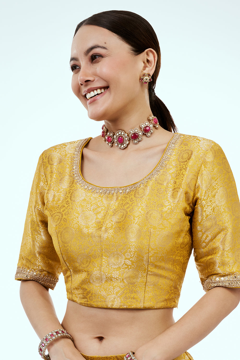 Yellow Organza Suit Set with Zardosi Work and Multicoloured Brocade Pants