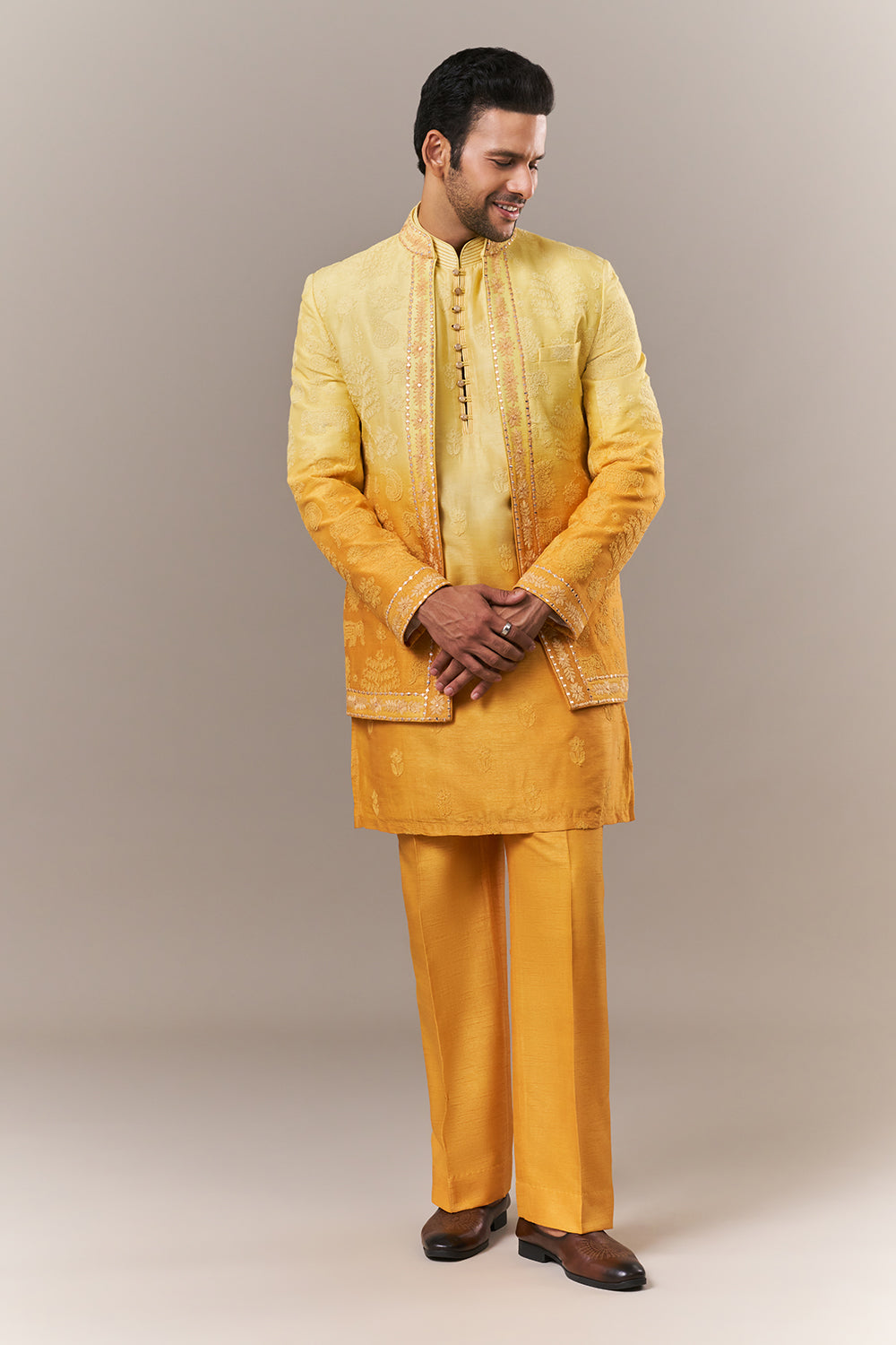 Yellow Peach Silk Mens Kurta Set with Dori and Mirror Work