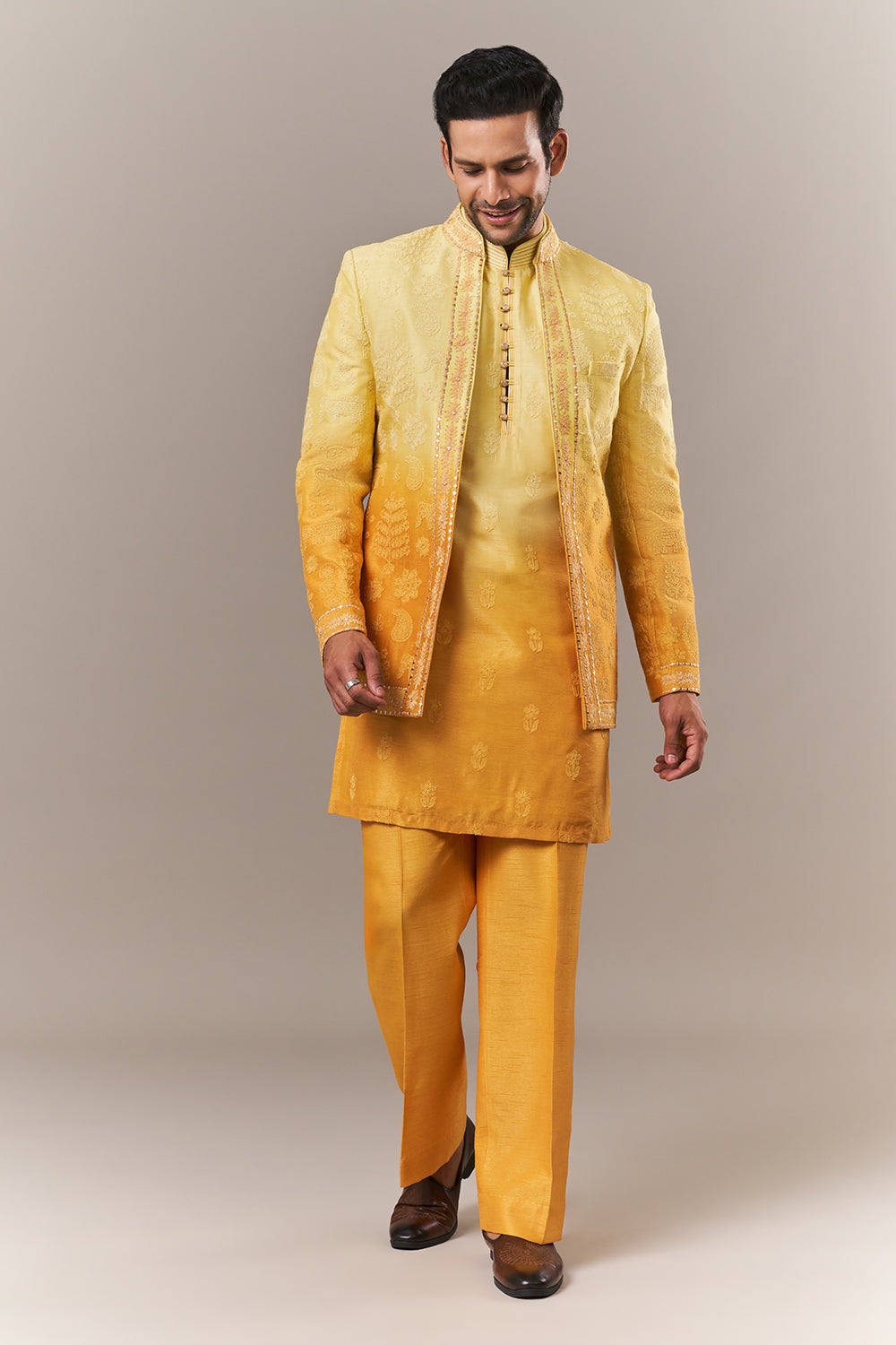 Yellow Peach Silk Mens Kurta Set with Dori and Mirror Work