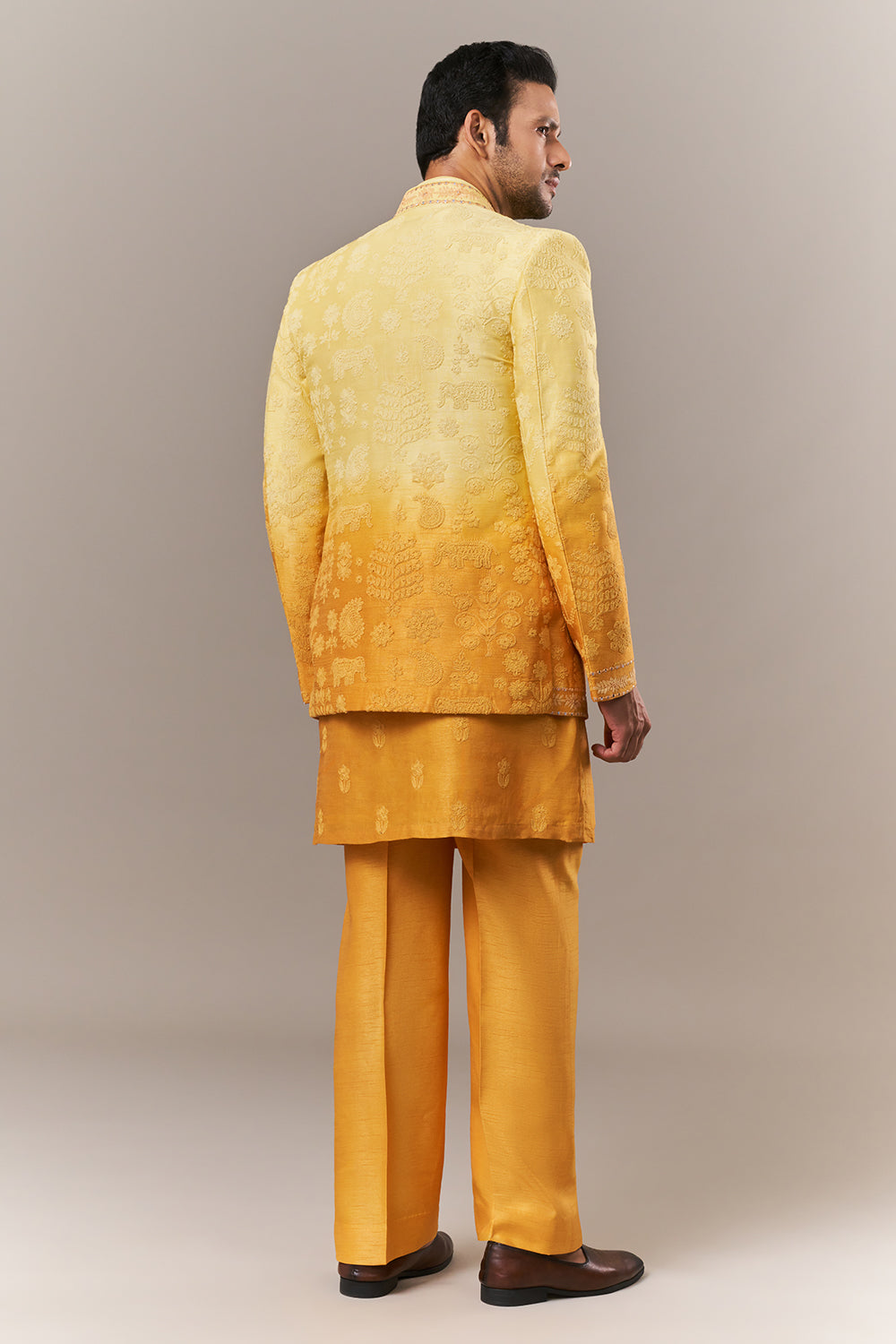 Yellow Peach Silk Mens Kurta Set with Dori and Mirror Work
