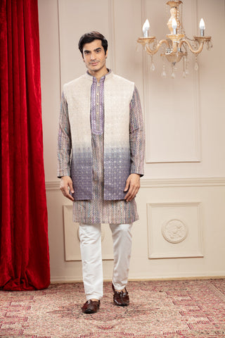 Dove Grey Tie Die Printed Lucknowi Open Jacket Set