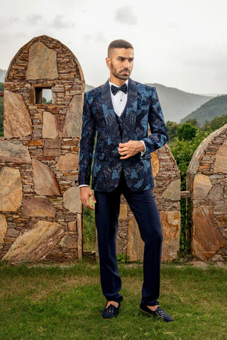 Blue Five Piece Suiting Tuxedo With Pearl And Hand Cut Dana Work