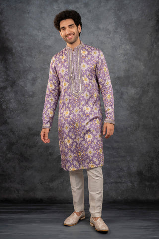 Purple Silk Kurta Set with Mirror Work