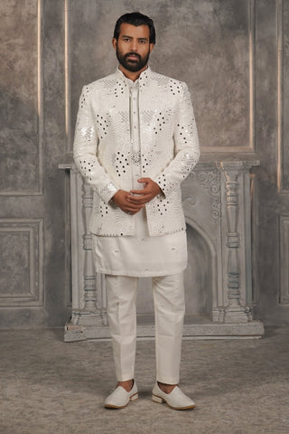 Pristine White Silk Open Jacket Kurta Set