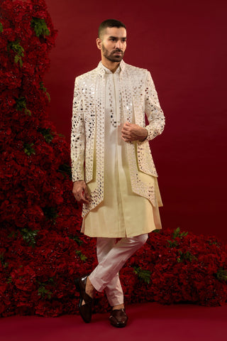 Yellow Ombre Silk Open Koti Set With Hand And Machine Work