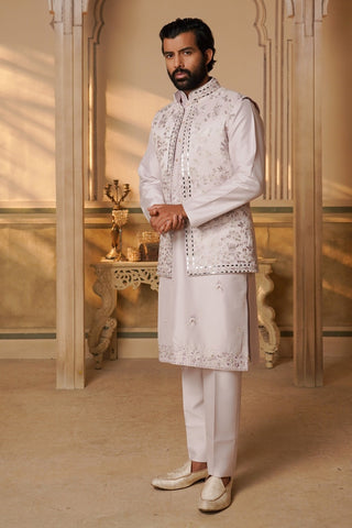 White Silk Mirror Embroidered Koti Kurta Set