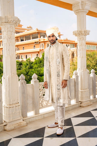 Ivory Silk Sherwani With Thread And Mirror Work