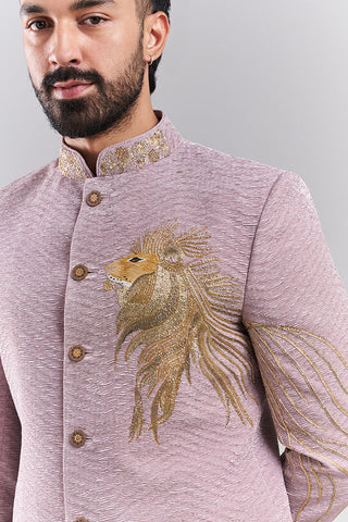Lavender Satin Organza Lion Motif Men's Sherwani Set