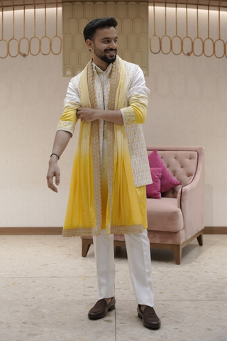 Yellow Silk Kurta Set With Silver Thread Embroidered Jacket And Dupatta
