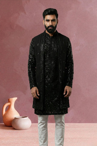 Black Net Kurta Set With Sequins Work