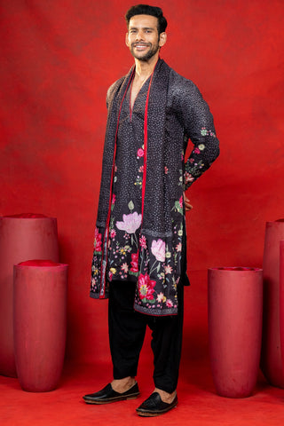 Black Silk Printed Kurta Set With Sequins Work