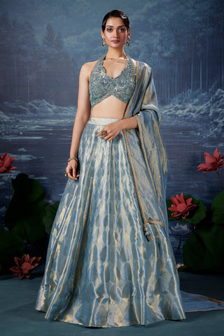 Blue Banarasi Silk Lehenga Set with Zardosi and Beads Work