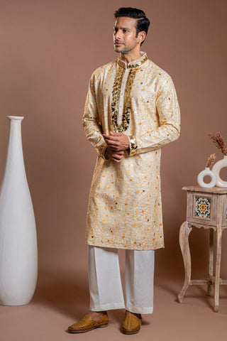 Butter Yellow Silk Kurta Set With Mirror And Moti Work